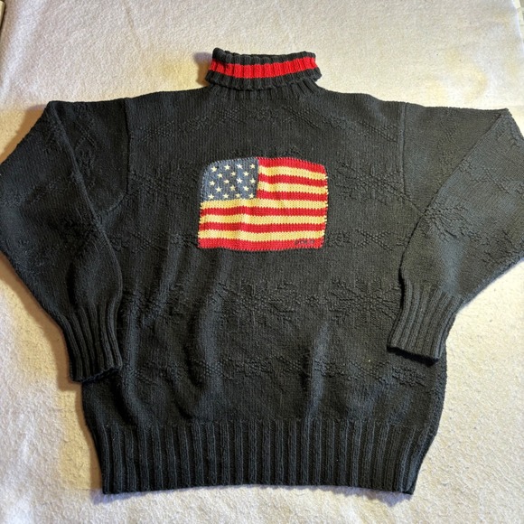Vintage Polo Ralph Lauren Hand Knit American Flag Turtleneck Sweater Blue Mens S